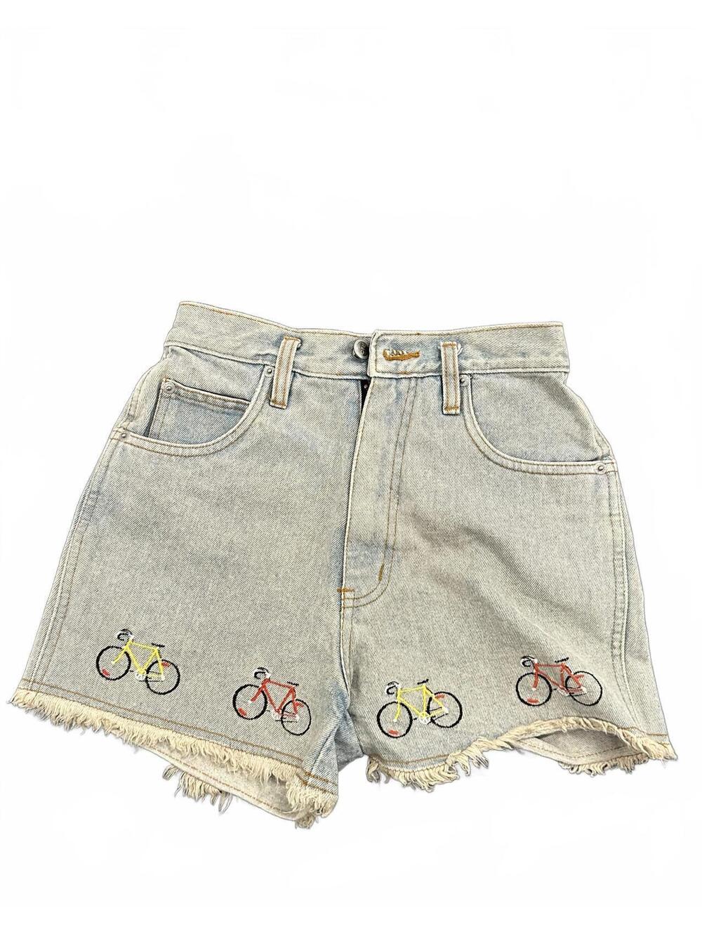 Vintage Denim Shorts with Bicycle Embroidery